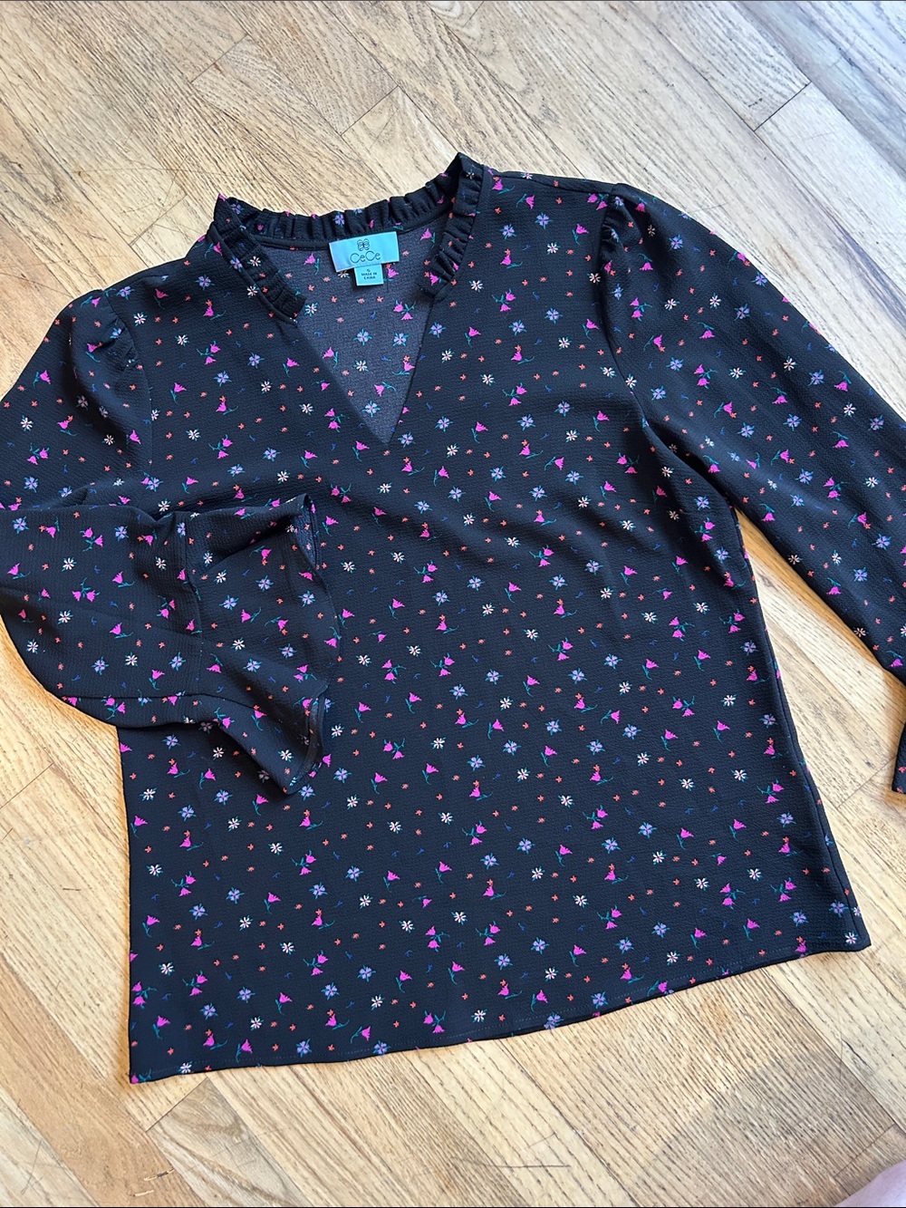 🌸3 FOR $20🌸 
 CeCe Black V-Neck Blouse with Pink and Blue Floral Accents
